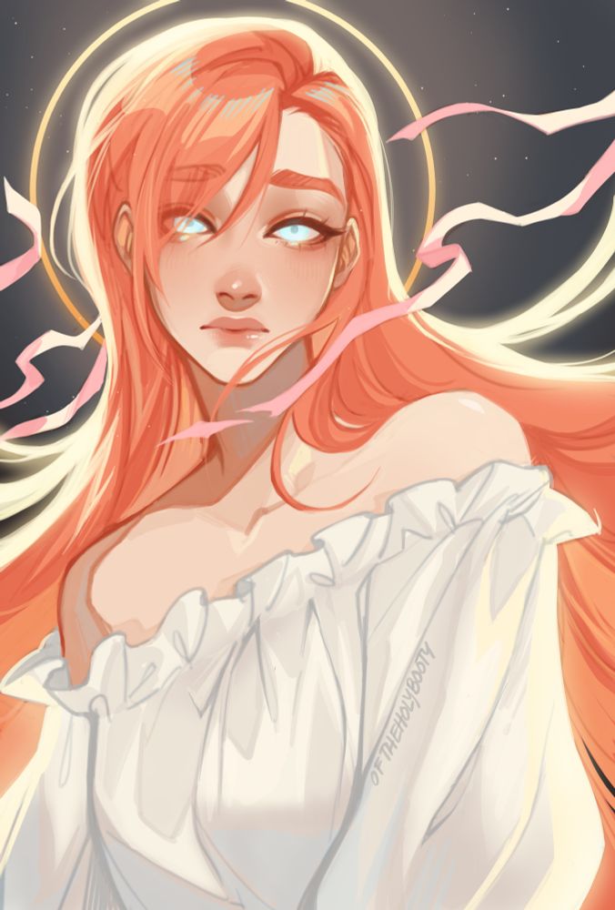ryne with bright, glowing eyes looking directly at the viewer pensively, a halo behind her head, and her pink ribbons floating around her.