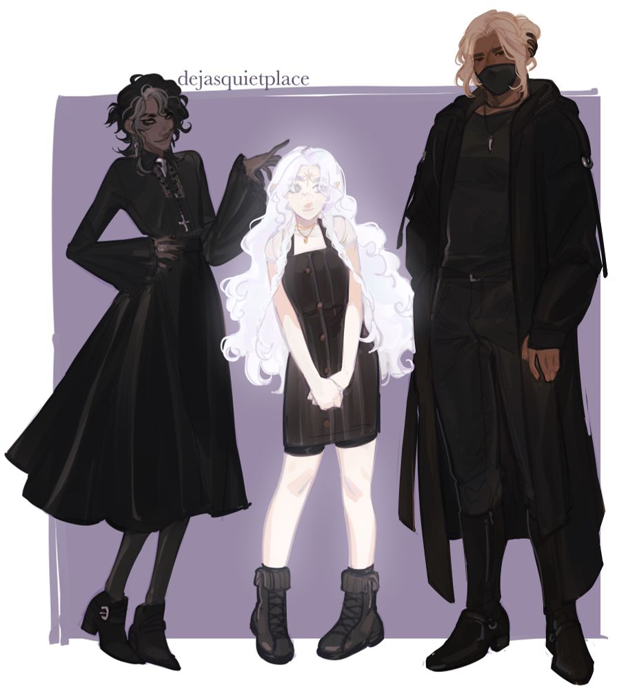 crow, aneska, and penance in almost entirely black clothes