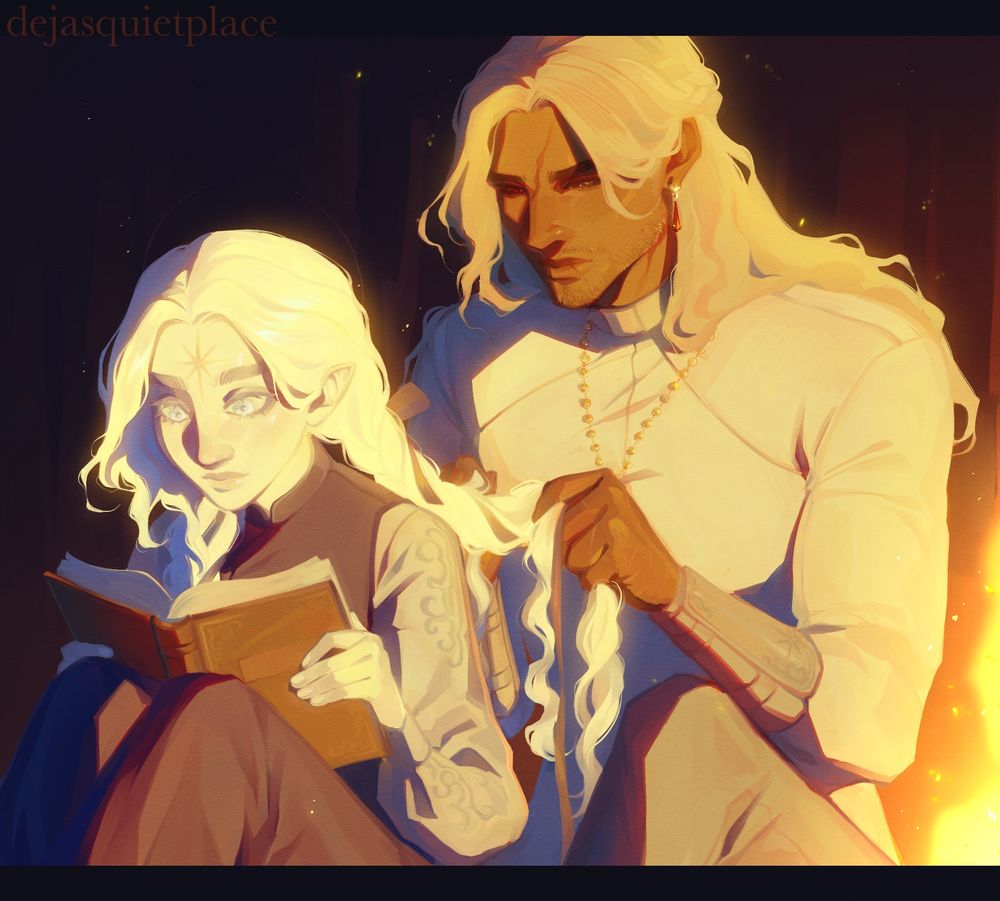 penance sitting behind aneska, braiding her hair with a ribbon run through it, while she reads a book.