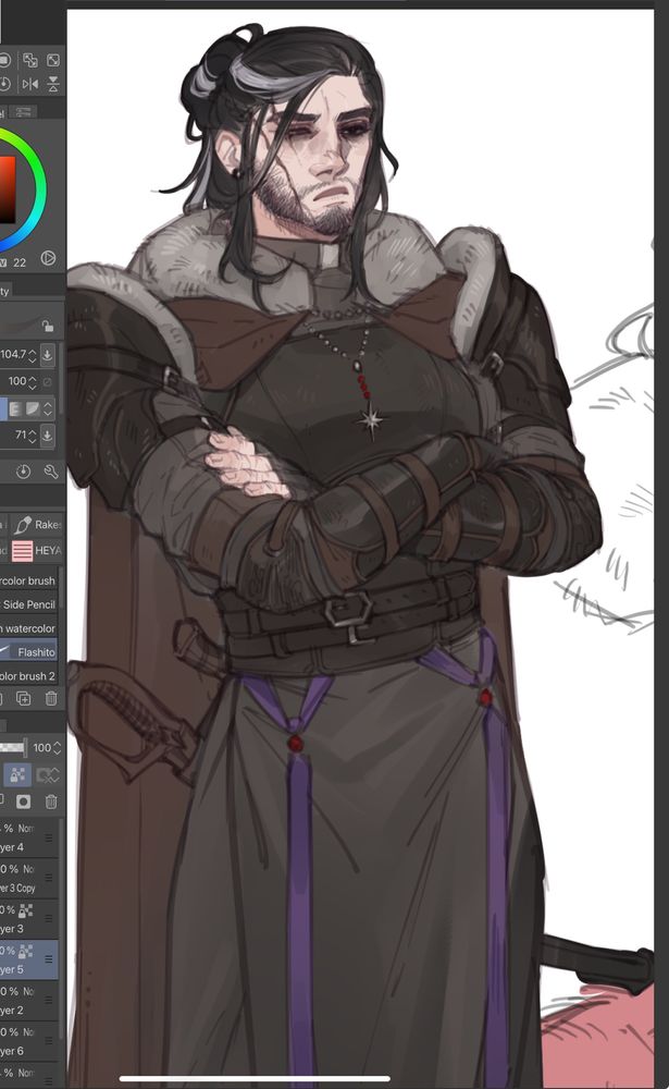 wip of sacha in a mostly gray/brown outfit, wearing a silver and ruby rosary and violet tassels at his hips that denote his patron saint.
