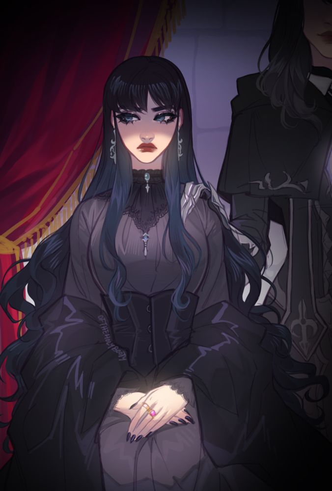 gaia posing for a portrait in a dark ensemble, looking disquieted as a smiling loghrif, mostly off-screen, lays a hand on her shoulder.