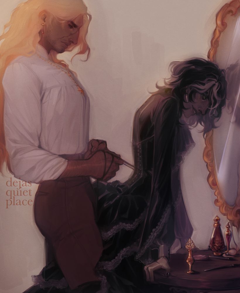penance tightens the laces of crow's bodice, while crow leans against a vanity with perfumes and kohl and makeup brushes, looking into a mirror with a grin.