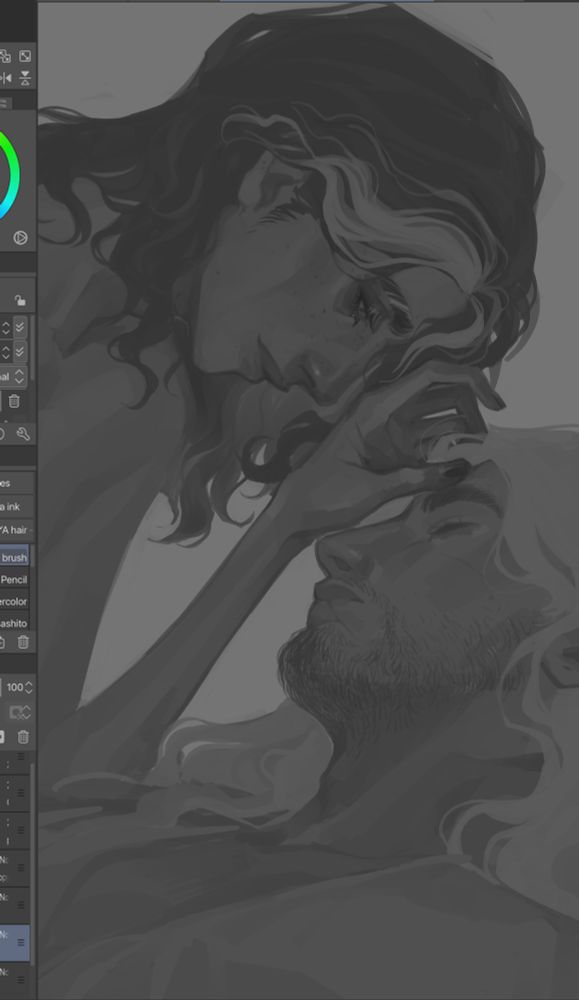 grayscale work in progress of crow leaned over a sleeping penance