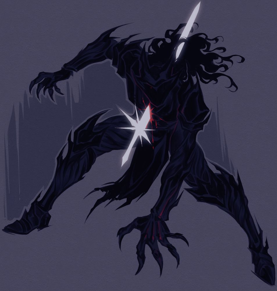 a black knight, armor sharp and spiky, with claws and long hair. a white sword impales it through the chest.