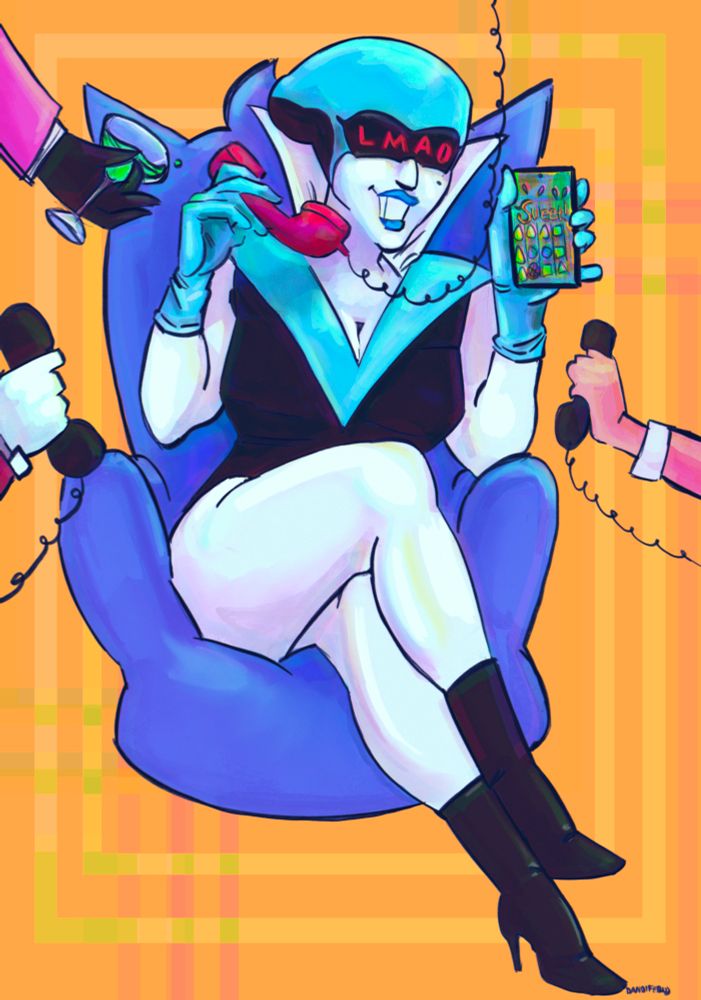 full illustration of Queen from deltarune sitting on her throne. she has a phone in one hand playing candy crush and another holding a corded red phone to her face. she is smiling wide with LMAO on her visor

several hands reach towards her, a pink addison on the right holding a phone, a white Addison hand implied to be Spamton on the left, and a swatch handing her an acid martini