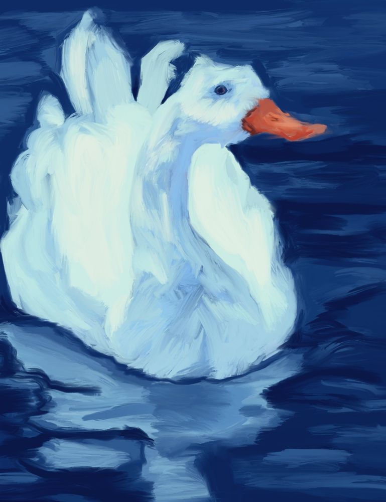 Simple digital painting of a goose swimming. It's approaching the viewer with a sideways glance