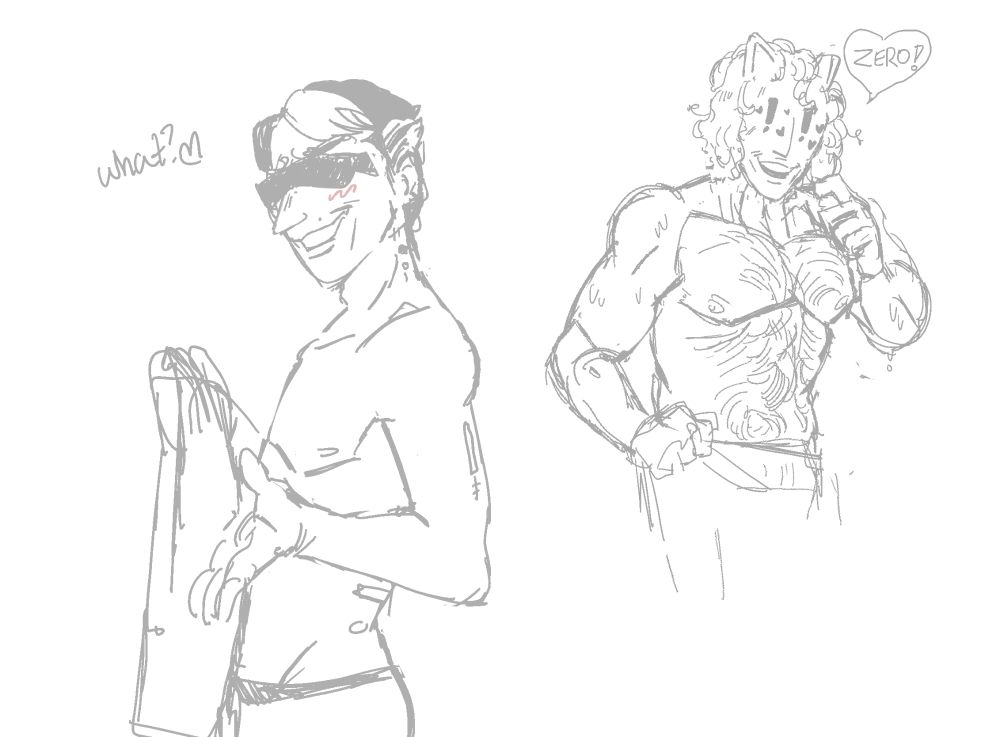 Drawing of two men. One is wearing briefs and putting on a short, the other is stepping out of the shower smiling wide. 
Text: what?
Zero! 