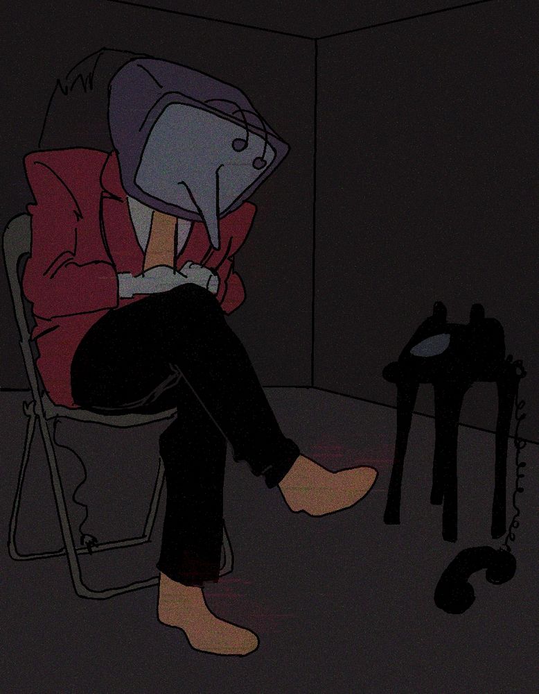 Drawing of tenna from deltarune. He is hunched over in a foldout chair, looking down. His hands are folded across his lap. He sits next to a rotary phone with the mouth receiver on the floor. The drawing is covered with artifacts, noise, and glitches.