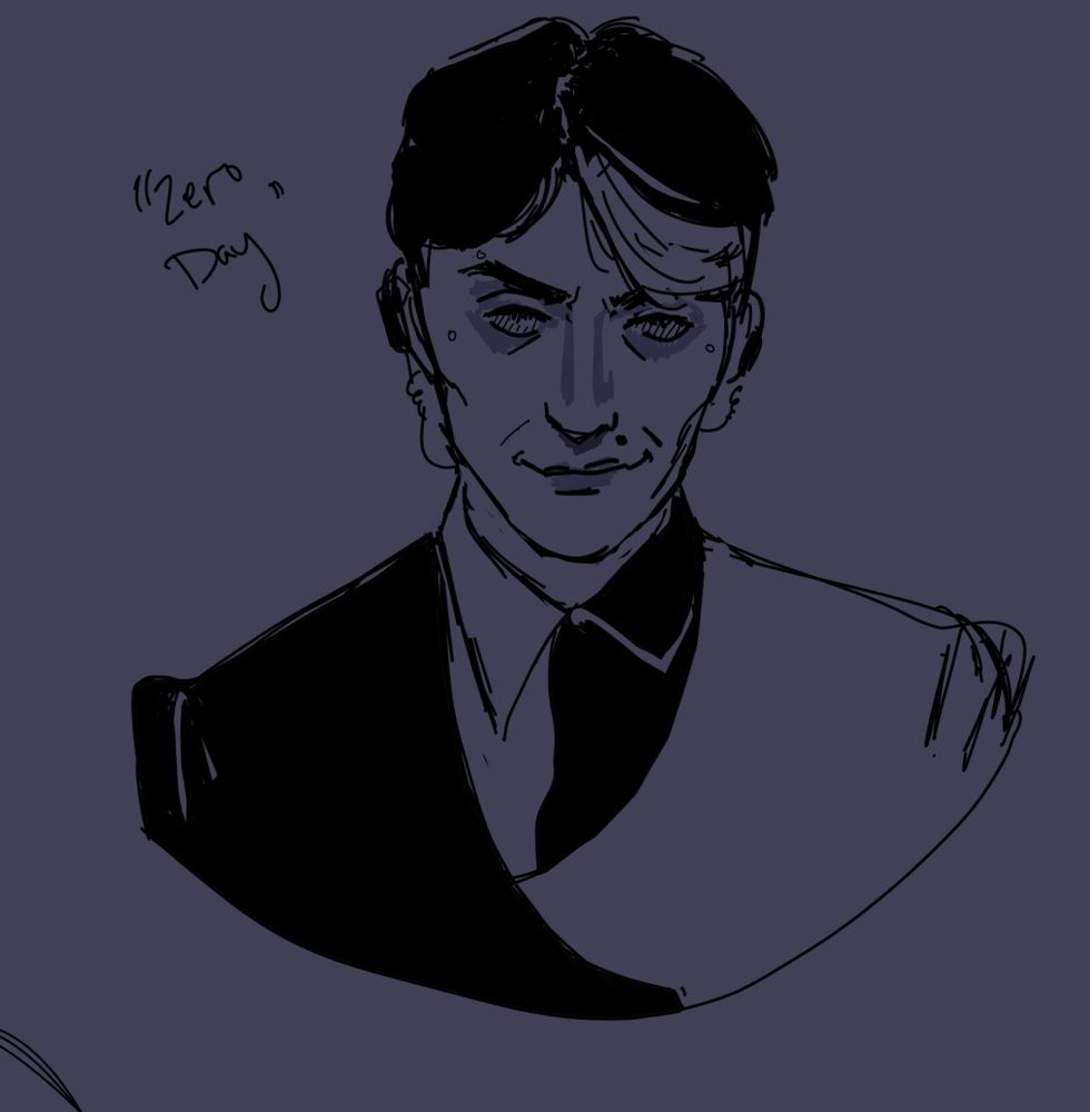 Bust sketch of a man staring head on. He has angular features and is smirking. He has wires connected from an ear piece into his neck and connection ports for a visor around his eyes. His eyes are filled with static. He is wearing a button down half white and black against a blazer that is mirrored black and white