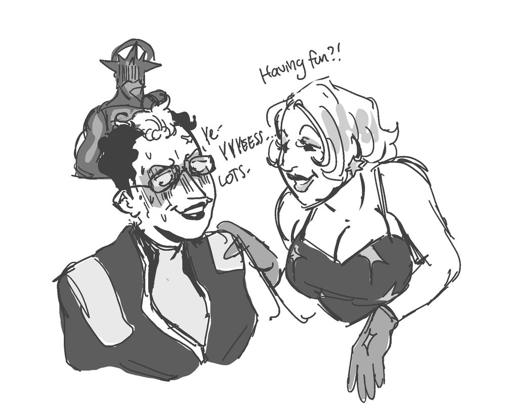 Drawing of two women, one smiling and looking away blushing very hard, and another grinning and leaning towards her. She is wearing a scanty dress. There is a silhouette of a woman in the background.

Text: having fun?! 
Ye. Yyesss. Lots.