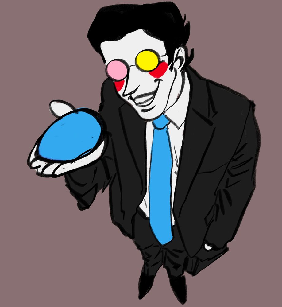 A top down perspective drawing of spamton from deltarune holding a pipis in his hand outstretched for the viewer, he is smiling