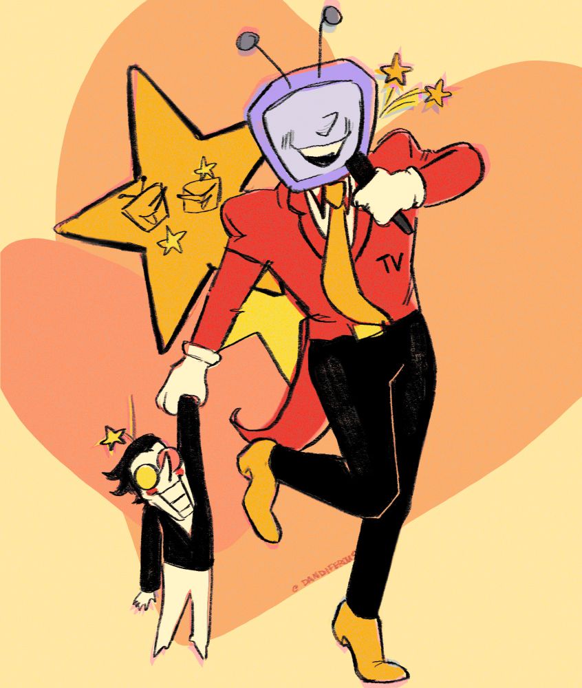 Tenna is holding spamton by the arm like a puppet and smiling at the camera, holding his microphone and kicking one foot up. They're surrounded by stars and the background is hearts. A single star falls on spamton's head