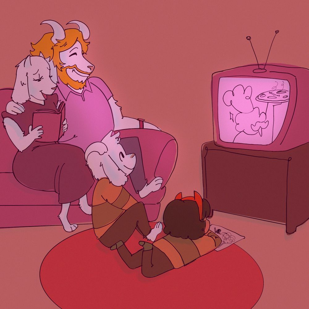 The dreemur family watching TV. Toriel is reading out loud to ashore and Asriel is happily watching TV next to Kris. Kris has a drawing of a man next to a tree. The TV has a chef holding a Pizza