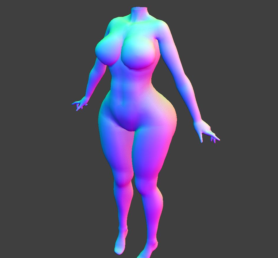 3d render of a feminine humanoid body, without textures. The body is currently headless standing in a standard A-pose with her knees slightly bent inward. The body is very curvy hourglass shape, sporting a snatched waist and wide hips