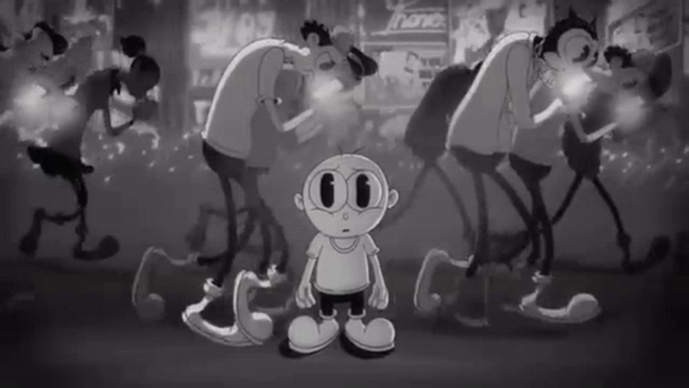 a black and white cartoon of a boy standing in a crowd of people