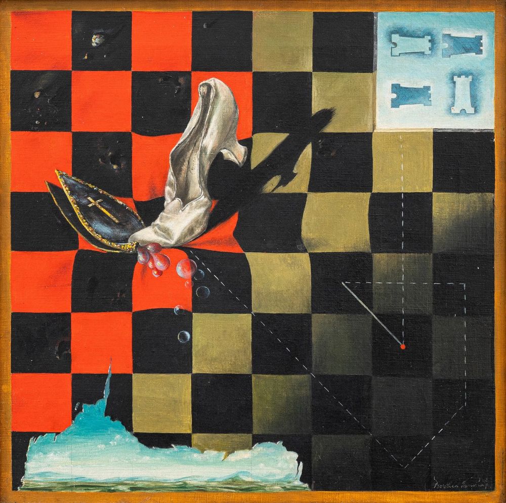 Endgame by Dorothea Tanning is a painting depicting a chessboard like a torn curtain.  Over this a satin court shoe steps on a bishop's mitred hat, crushing out bubbly tears from it. Below the tear in the curtain reveals a wide open pastoral vista. Board is marked with dotted lines like a dance diagram or map of a battle. 