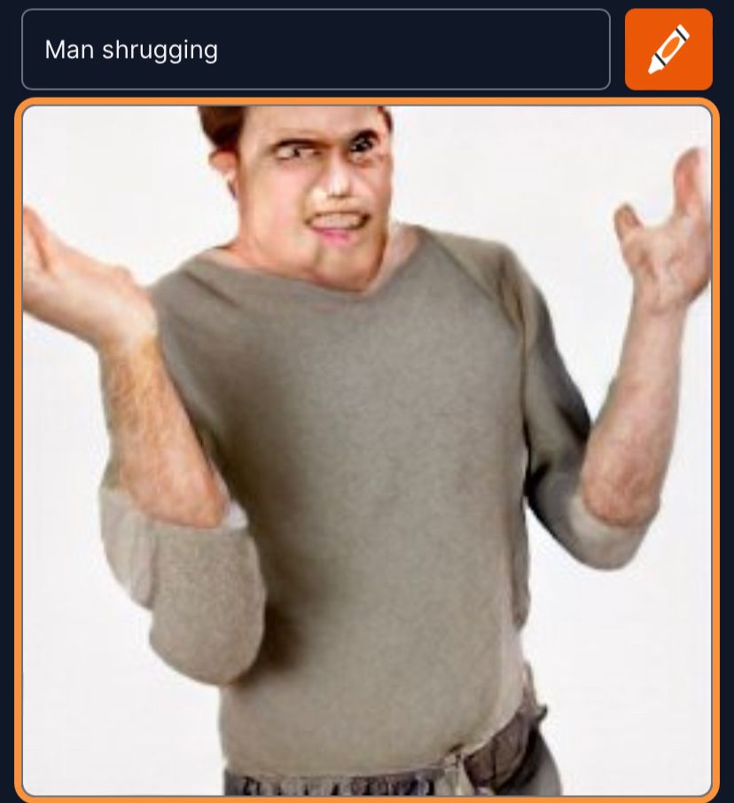 An image of a man shrugging, generated by an AI with funny notions of how human hands and faces should look