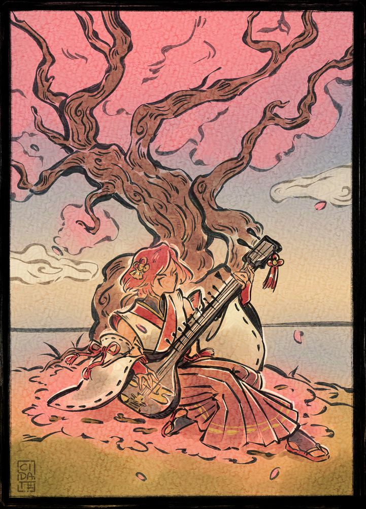 An illustration inspired by the style of the game, Okami. A woman with red hair, dressed in miko-inspired robes, sits on a hill, underneath a winding cherry blossom tree while playing a sitar.