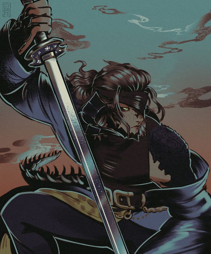 A digital sketch of the commissioner's wol, crouching and looking off to the side, holding onto his sword that's propped against the ground before him.