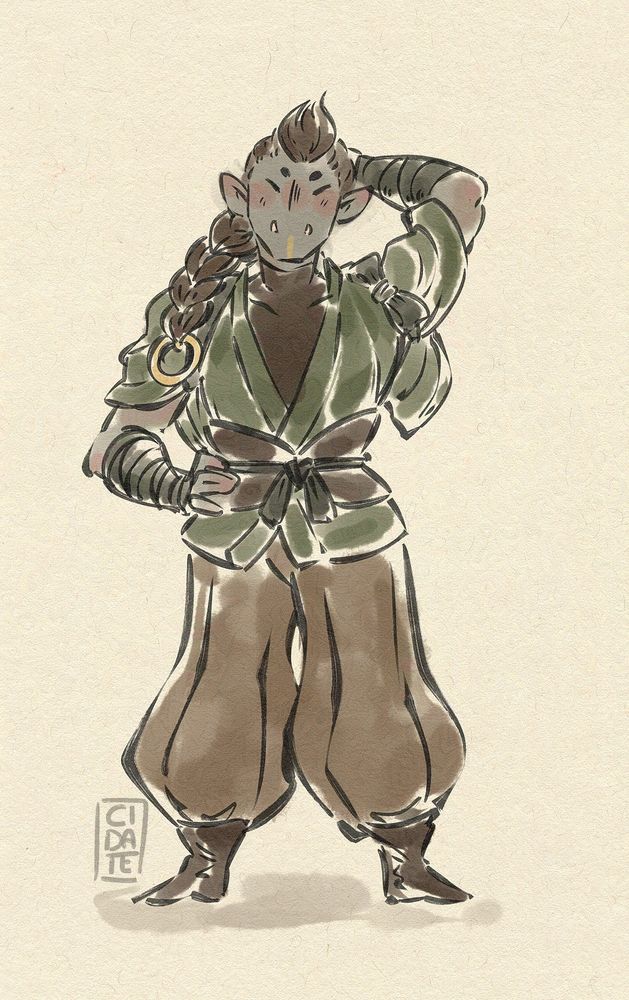 Vonna, a dnd character re-imagined as a character in the style of the game, Okami. Vonna has grey skin and brown hair styled in a sort of mohawk that descends into a thick braid with a golden ring at the end. She stands with one hand on her hip and the other behind her head, looking friendly. She wears muted brown, baggy pants that are pleated. She has a dark brown turtleneck underneath an earthy green haori with the sleeves tied up with a black ribbon.