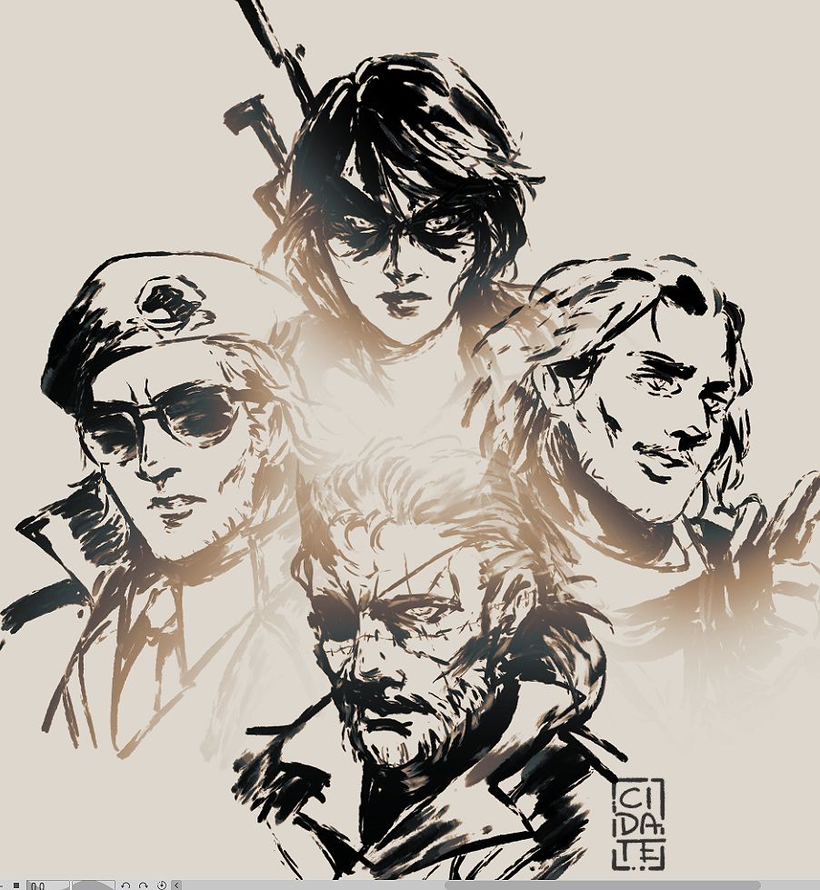 An illustration featuring black and white headshots of Kazuhira Miller, Venom Snake, Ocelot and Quiet from Metal Gear Solid V.