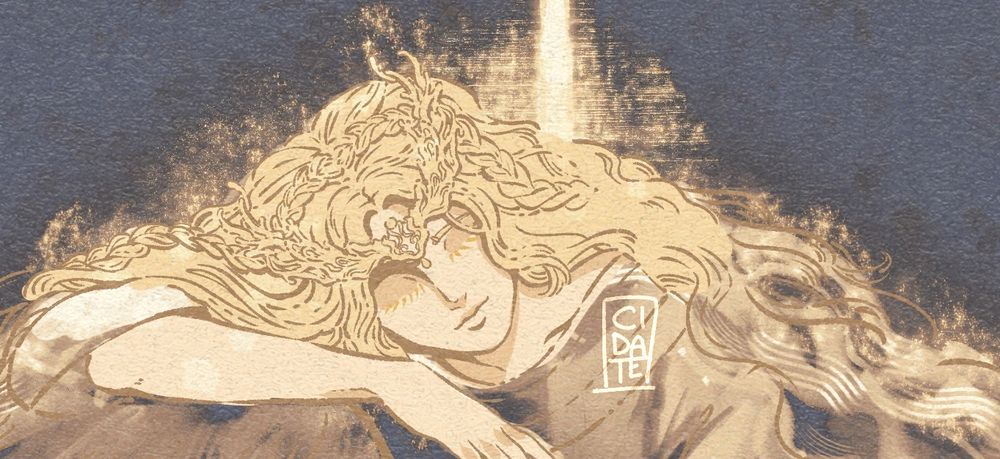 A work in progress sketch of Miquella from Elden Ring. He is shown from shoulders up in a resting pose, eyes closed and surrounded by a golden glow.