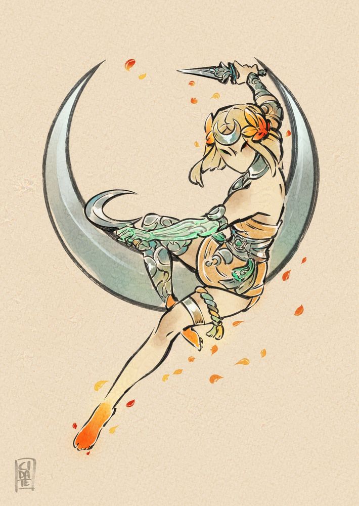 An illustration in the style of the game, Okami. The character, Melinoë from Hades 2, poses in an elegant but threatening way with her weapons, a knife and a silver sickle, against a silver crescent moon.