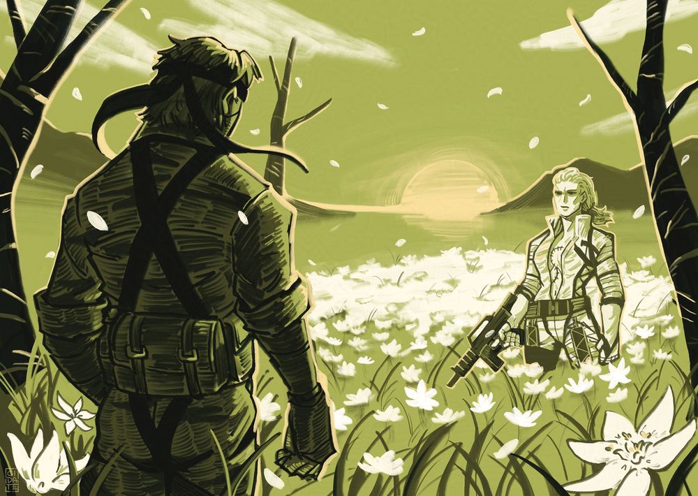 A digital illustration with a limited color palette of greens, yellow and white of the Boss and Naked Snake from Metal Gear Solid 3. They face each other ready for battle in a field of white flowers with a pale sunset in the background. Snake is in the foreground, shoulders rigid with tension and hand balled into a fist while he faces the Boss. Determined, she stands across from him holding the Patriot.
