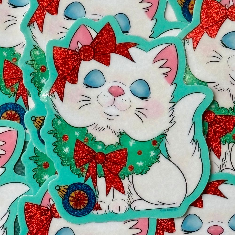 Pile of Christmas wreath kitty stickers. White cat with red bow and wreath around its neck. 