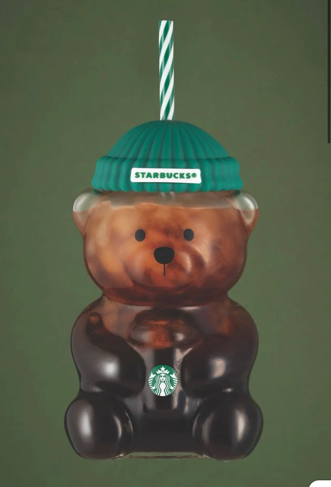 A very overpriced glass bear cup from a toxic corporation. Straw included. 
