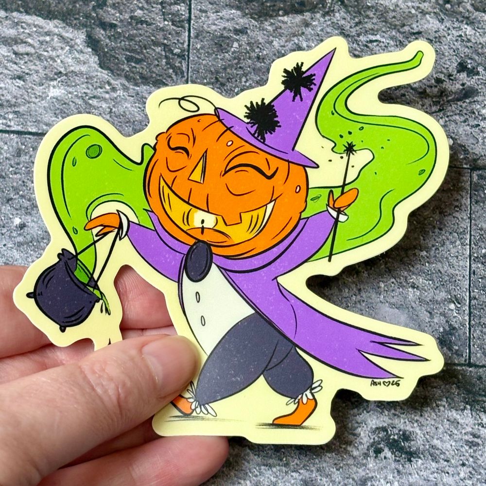 Hand holding jolly jack o lantern sticker 