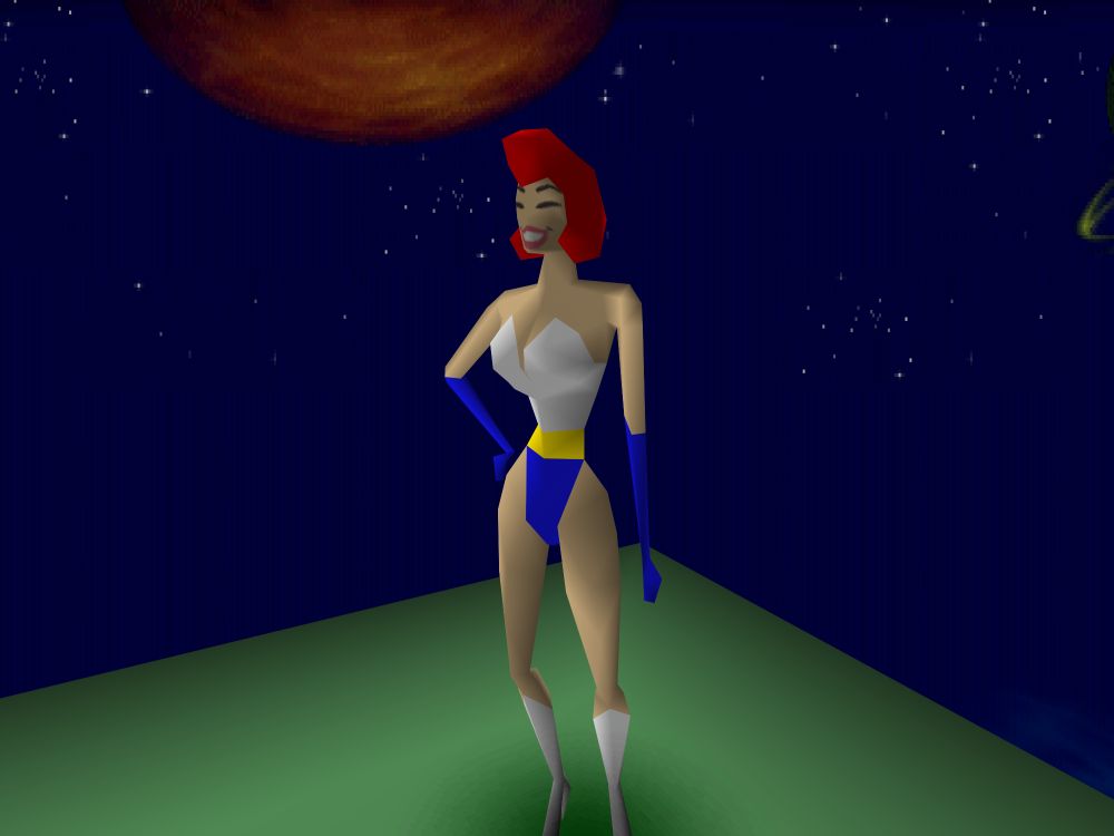 A bodacious red-haired babe smilingly waits to be rescued by our hero. Like everything else, her outfit is very 50s retro-futurism coded.