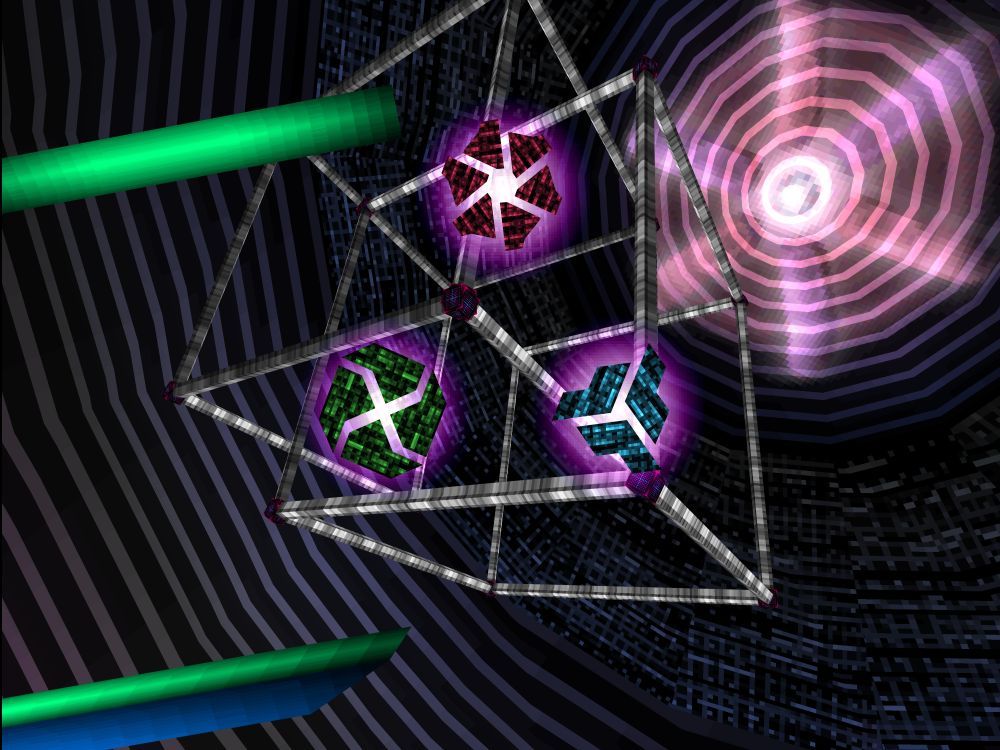 Another level map screen, this time consisting of a structure that looks almost 4D, like a tesseract, surrounded by a dizzying and hypnotizing wave of concentric circles with a pink-ish core with some ventilator blades I guess who knows. There's also a couple of green rectangle shapes on the left kinda sticking out but I think I might've borked something when taking the screenshot. The three green, red and blue cyber-runes are again visible on the map.

This means that if you're stuck, you need to implement four-dimensional solutions - not just existing in 3D space, but also incorporating time and movement in your life, meaning you have to start moving and doing things. Live by doing, not just thinking, even if you make mistakes (the borked green rectangles).