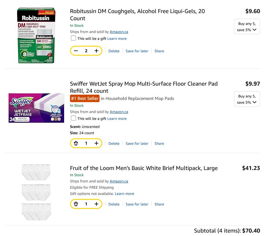 an amazon cart consisting of two packs of cough medicine, swifer wetjet mop pads, and a nine pack of Fruit of the Loom tighty whities