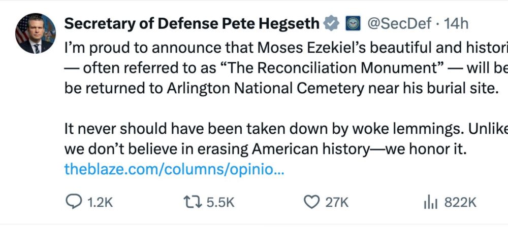 Secretary Hegseth has announced his intention to reinstall the monument in 2027.