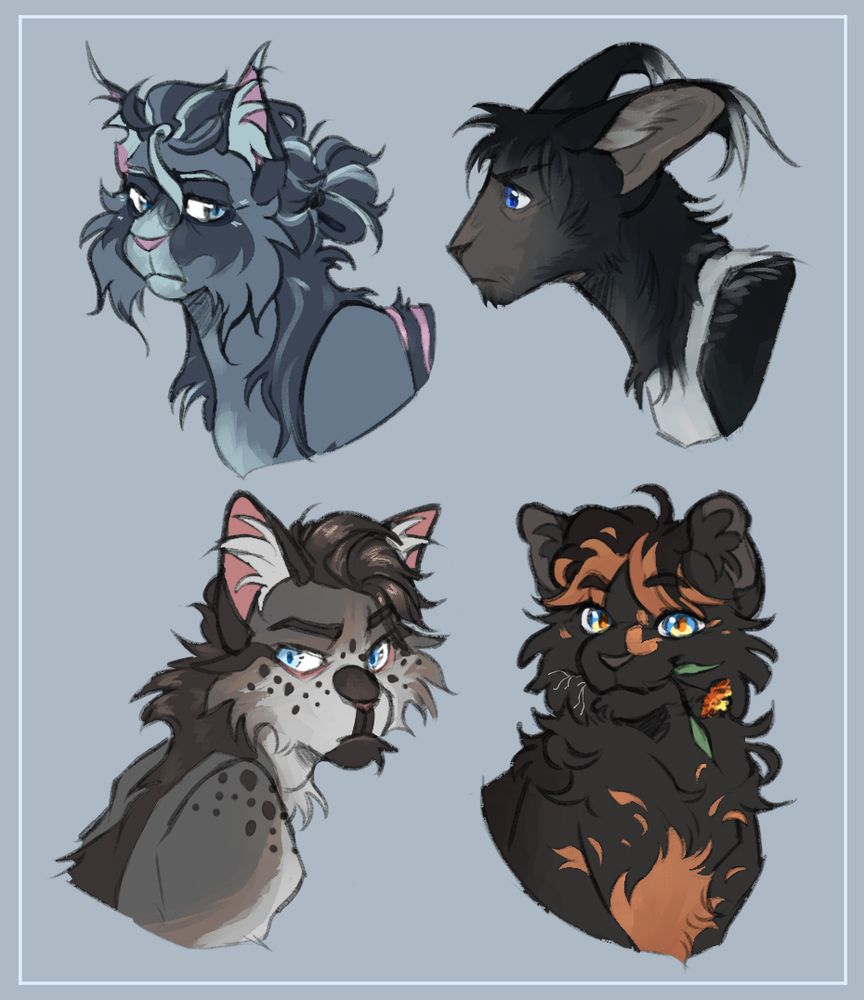 Four bust shot sketches of warrior cats: Bluestar(top-left), Crowfeather(top-right), Ashfur(bottom-left), Cinderpelt(bottom-right)