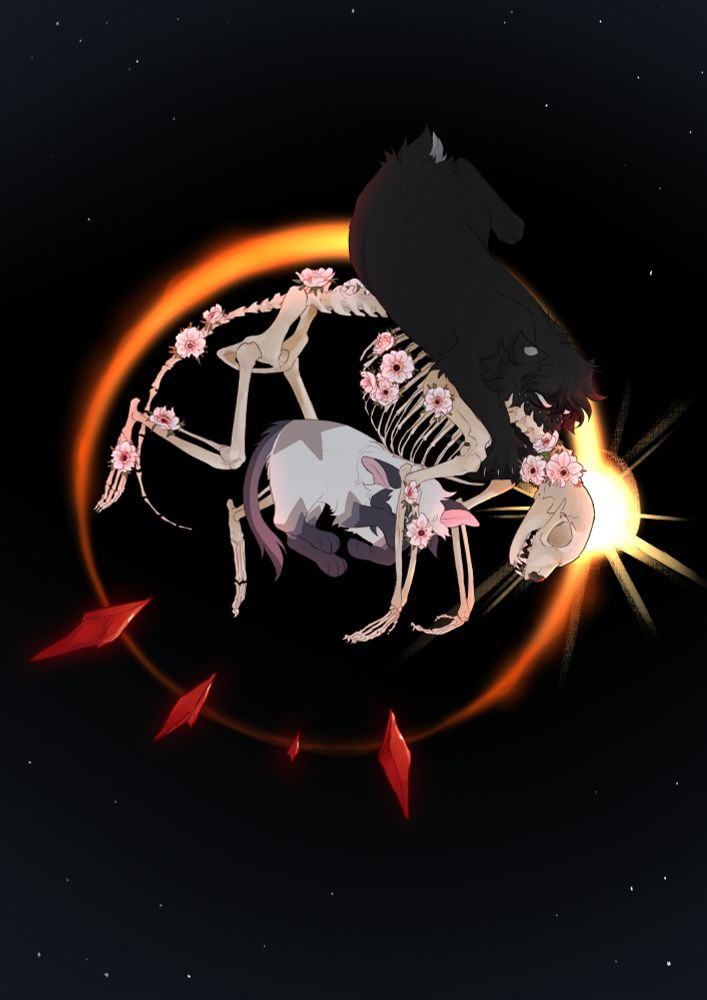 A kitten is curled against the belly of a feline skeleton decorated with anemone flowers. An adult cat clings to the skeleton, anguished, but the old bones separate him from the kitten. Four red gemstone shards point toward the kitten. The background is an eclipse on a starry sky. A bead of sunlight at the edge of the eclipse forms a halo behind the skeleton's head.