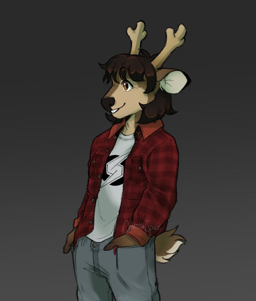 A halfbody of a furry deer oc on a dark gradient background. The character is smiling easily. She wears a flannel over a shirt with the metroid logo, and has her hands in her jean pockets.
