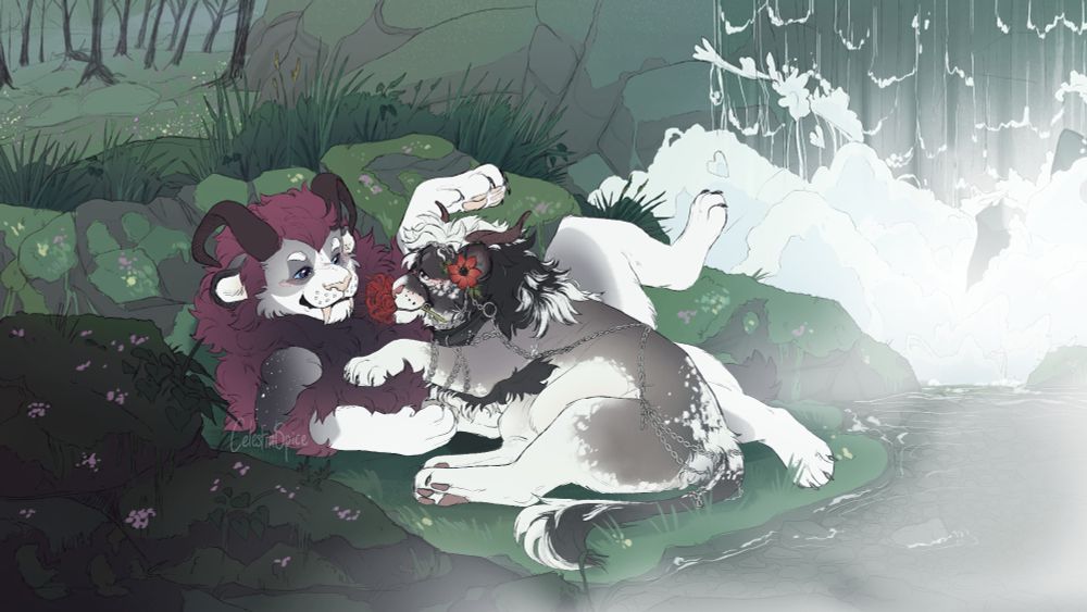 A digital art piece featuring two lions cuddling by a waterfall. One lion is gray with white spots and small horns. They are wearing small chains and a flower in their mane. They hold another flower in their mouth while laying on top of the other lion, who has large horns and a red mane. Both lions are curled up on mossy rocks by the water's edge. Behind the rocks is a waterfall that fills the scene with fog. In the distance grows a handful of thin trees.