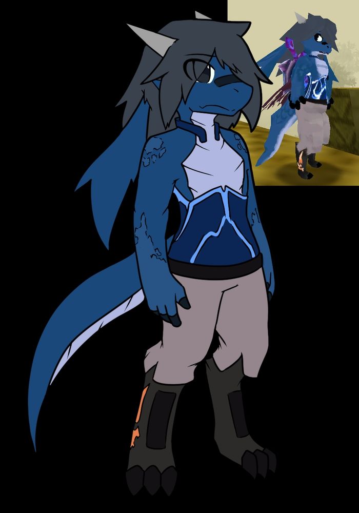 A drawing and screenshot of my Kubold character from Atlyss