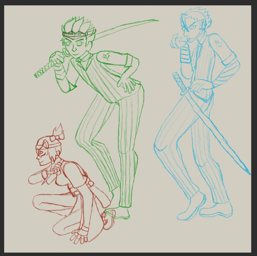 a sketch of kiriko, genji, and hanzo from overwatch. kiriko is kneeling, genji is leaning forward, and hanzo is taking off a glove. kiriko is holding her kunai, genji is holding his sword over his shoulder, and hanzo has a sword at his hip, signalling that this is an alternate universe where he and genji never fought.