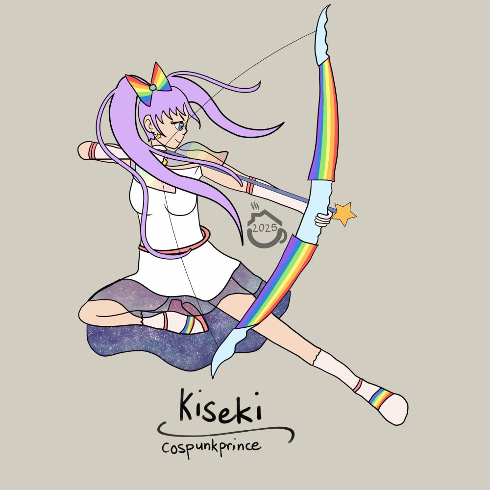 a girl with pink hair and blue eyes in a jumping pose, drawing back a bow and arrow, with a star tip. she has a rainbow bow in her twin tails. she's wearing a white dress with a see-through rainbow shawl, white gloves with pink accents, and a pink hoop belt. she is wearing white socks with pink heels with rainbow straps. her bow is cloud and rainbow themed, with the limbs being rainbow and the limb caps and grip being clouds.