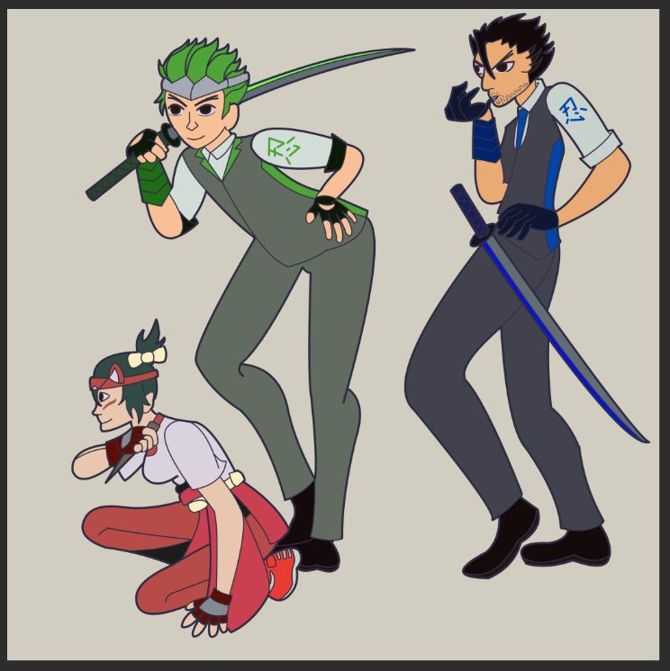 a flat color, lined drawing of kiriko, genji, and hanzo from overwatch. kiriko is kneeling, genji is leaning forward, and hanzo is taking off a glove. kiriko is holding her kunai, genji is holding his sword over his shoulder, and hanzo has a sword at his hip, signalling that this is an alternate universe where he and genji never fought.