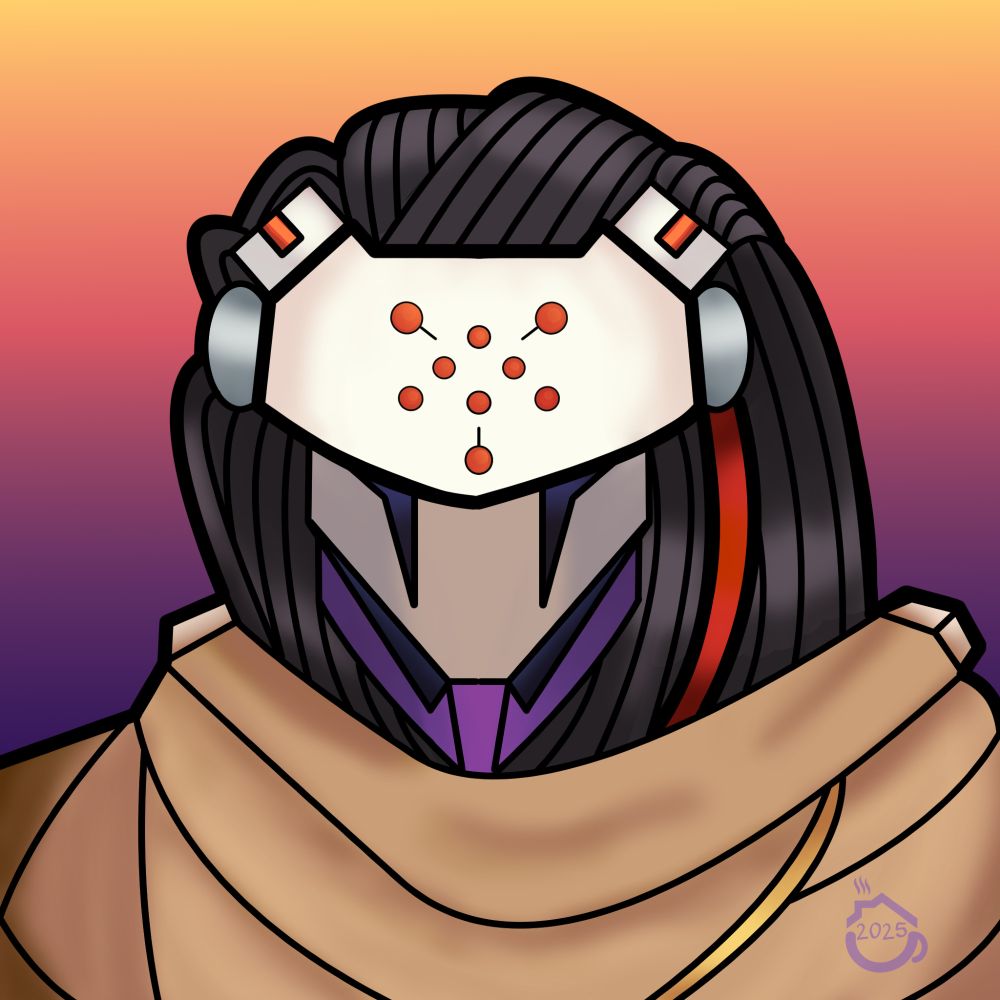 a fully rendered drawing of ramattra from overwatch, bust up. the background is a gradient of yellow, orange, and purple from top to bottom.