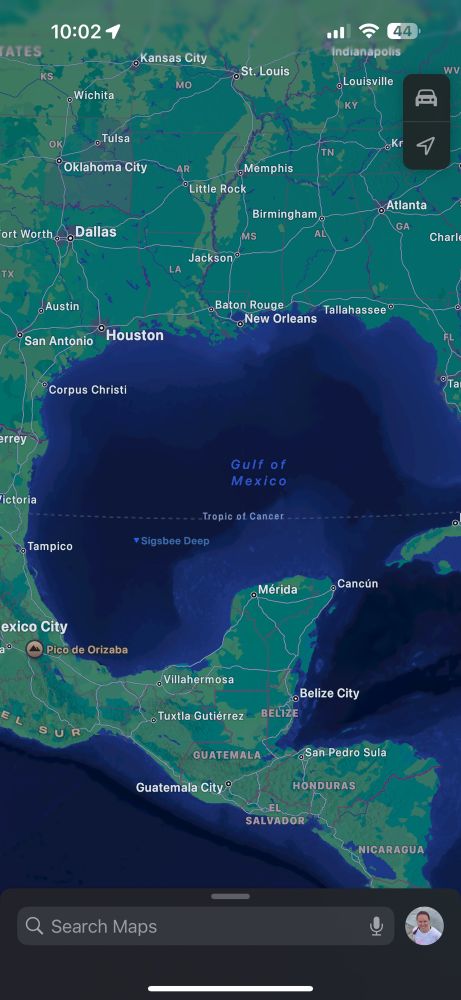 Picture of the Gulf of Mexico in Apple Maps, accurately still described in the image as the Gulf of Mexico and not America