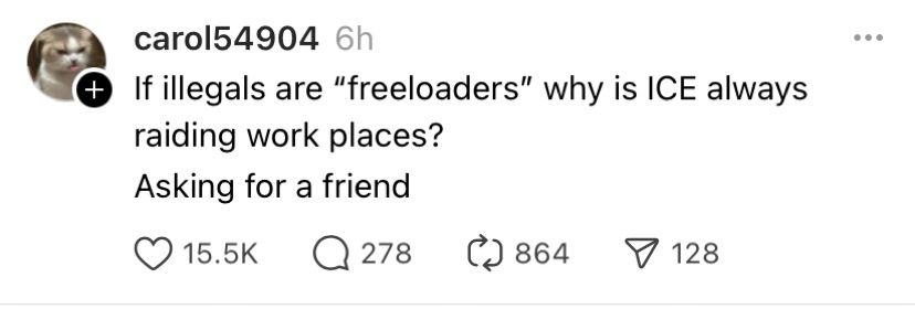 If illegals are “freeloaders” why is ICE always raiding work places?
Asking for a friend