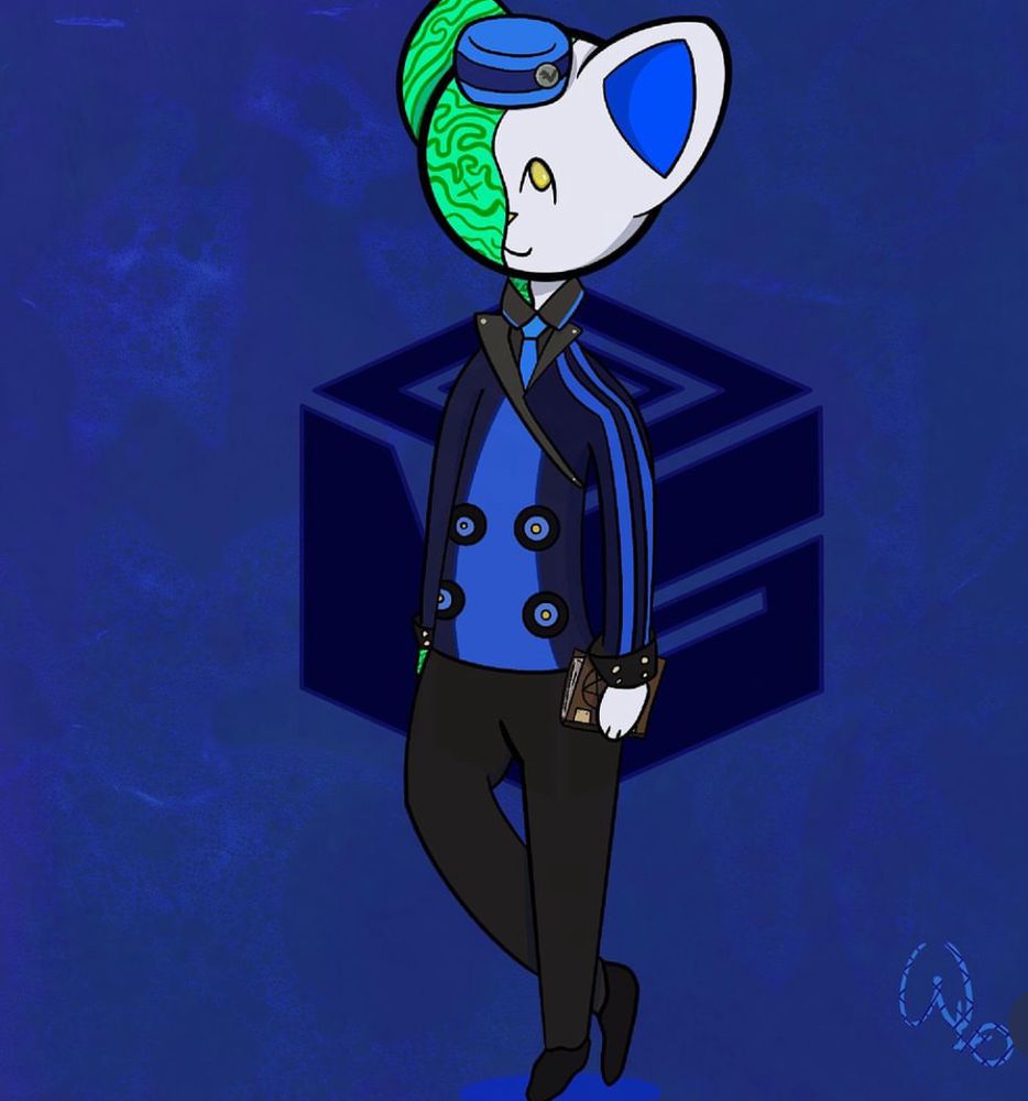 Cat humanoid wearing black pants, blue suit, and a blue hat. He’s holding a Grimore