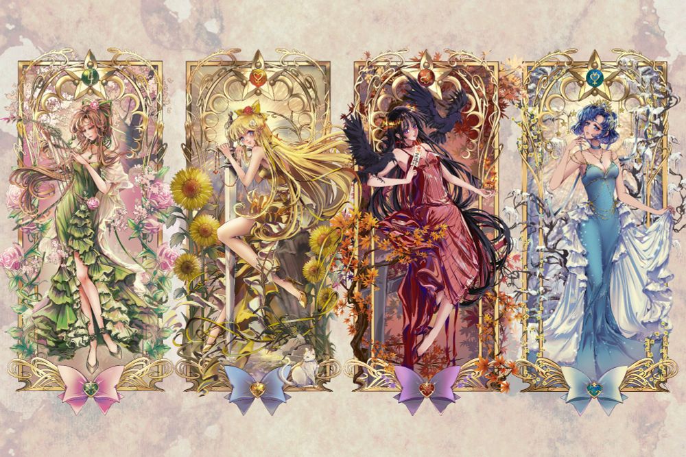 Sailor moon characters in the style of Alphonse Mucha's seasons