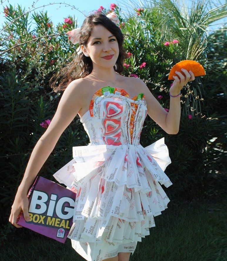 a dress made out of clean Taco Bell food wrappers and sauce packets 