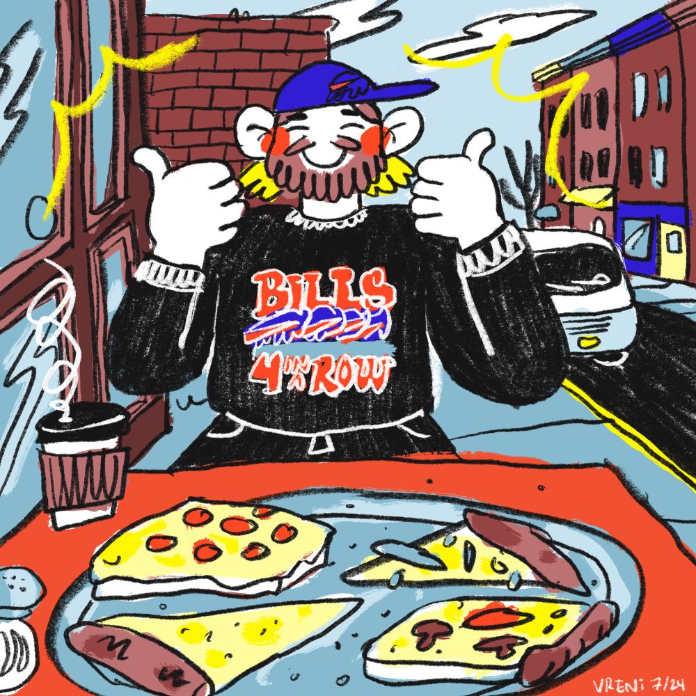 drawing of my smiling husband in his bills 4 in a row sweater and hat giving the thumbs up while eating pizza outside 